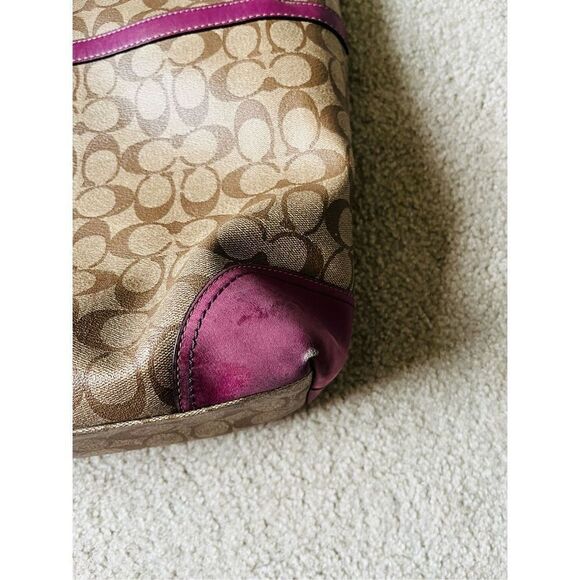 COACH LEATHER CARRYALL IN SIGNATURE CANVAS KHAKI LILAC  LEATHER TOTE BAG - Picture 10 of 16